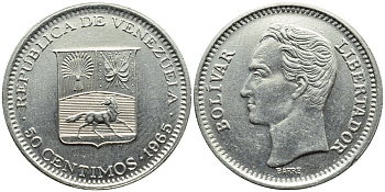 Венесуэла 50 сентимо 1965 Симон Боливар KM 41, Schon 51 никель 4392-967