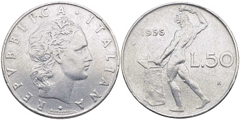 Италия 50 лир 1956 R, бог огня Вулкан у наковальни KM 95.1 нержавеющая сталь 34-312