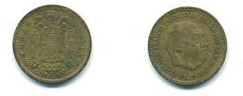 ИСПАНИЯ 1 ПЕСЕТА 1963 (65) ФРАНСИСКО ФРАНКО ДИКТАТОР ИСПАНИИ (1939-1975) KM 775 алюминиевая бронза 80-1113