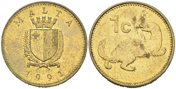 Мальта 1 цент 1991 ласка, горностай KM 93 никель латунь 4567-939