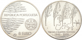 Португалия 8 евро 2005 60 лет окончания 2-ой мировой войне KM 773 серебро UNC 02-036-34
