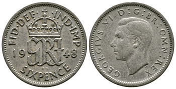 Великобритания 6 пенсов 1948 Георг VI (1936-1952) KM 862, Spink 4105 медно-никель 51-1013
