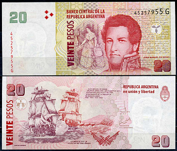 Аргентина 20 песо ND (2003) Хуан Мануэль де Росас, битва при Вуэльта де Облигадо Pick 355 c  бумага  UNC (пресс) 447-49-1
