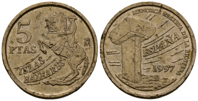 Испания 5 песет 1997 Хуан Карлос I (1975-2014), Балеарские острова, всадник KM 981 алюминиевая бронза 4173-712
