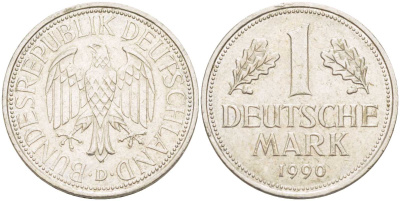 ФРГ 1 МАРКА 1990 D KM 110, J. 385 медно-никель 117-752