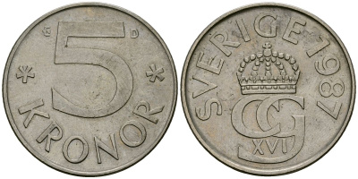 Швеция 5 крон 1987 Карл XVI Густав (1973- ) KM 853 медно-никель 4389-616