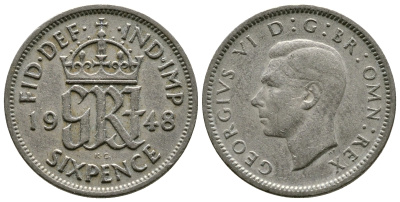 Великобритания 6 пенсов 1948 Георг VI (1936-1952) KM 862, Spink 4105 медно-никель 51-1013