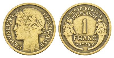 Франция 1 франк 1936 KM 885 алюминиевая бронза 4539-856