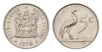 ЮАР 5 центов 1970 герб, райский журавль KM 84 никель 4643-164