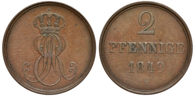 Ганновер 2 пфеннига 1849 B, Эрнст Август (1837-1851) KM 202.1, AKS 124, J. 75 медь 75-1933