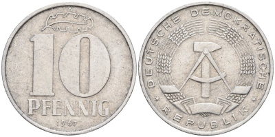 ГДР 10 пфеннигов 1967 A KM 10 алюминий 4143-734