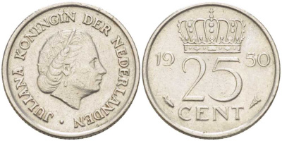 НИДЕРЛАНДЫ 25 ЦЕНТОВ 1950 ЮЛИАНА (1948-1980) KM 183 никель 214-913