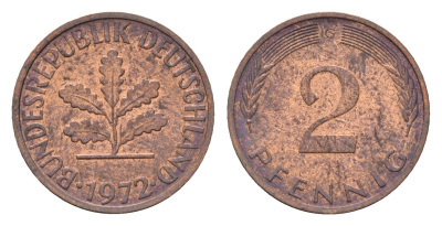 ФРГ 2 пфеннига 1972 G KM 106a, J.381a сталь плакированная медью 4618-936
