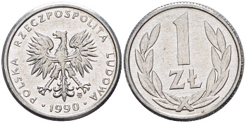 ПОЛЬША 1 ЗЛОТЫЙ 1990 MW KM 49.3 алюминий 201-529