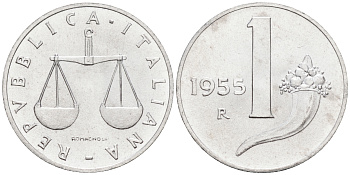 Италия 1 лира 1955 R, весы KM 91 алюминий  UNC  4594-645
