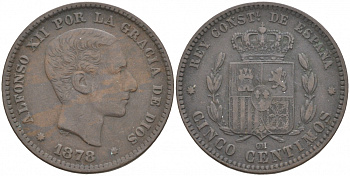 ИСПАНИЯ 5 СЕНТИМО 1878 ОМ, АЛЬФОНСО XIII KM 674 бронза 3853-1237