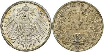 Германия 1 марка 1909 A Weege 18, J. 17, KM 14 серебро aUNC 65-224