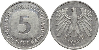 ФРГ 5 МАРОК 1992 D, КМ 140.1 J.415 медно-никель плакированный никелем плакированный никелем 84-716