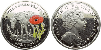 Остров Мэн 1 крона 2014 в память героев первой мировой войны, одинокая лошадь, красный мак KM NEW медно-никель, эмаль  PROOF 1071-4-41