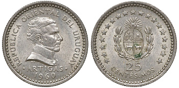 Уругвай 25 сентесимо 1960 KM 40 медно-никель 4169-817