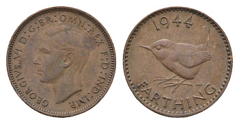 Великобритания 1 фартинг 1944 Георг VI (1936-1952) KM 843, Spink 4116 бронза 4664-348