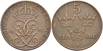 Швеция 5 эре 1939 Густав V (1907-1950) KM 779.2 бронза 4557-641