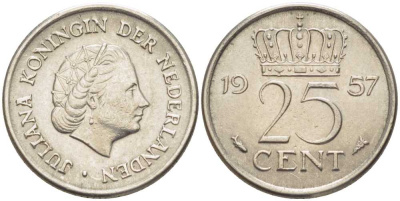 Нидерланды 25 центов 1957 Юлиана (1949-1980) KM 183 никель 214-925