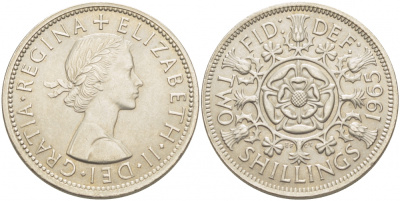 Великобритания 2 шиллинга (флорин) 1965 Елизавета II (1952-2022) KM 906, Spink 4146 медно-никель 4403-731