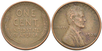 США 1 ЦЕНТ 1938 ЛИНКОЛЬН KM 132 бронза 3309-438