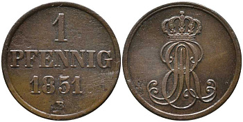 Ганновер 1 пфенниг 1851 B, Эрнст Август (1837-1851) KM 201.1, AKS 129, J. 74 медь 4448-1027