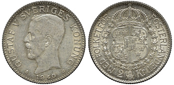 Швеция 2 кроны 1940 G, Густав V (1907-1950) KM 787 серебро 00-00