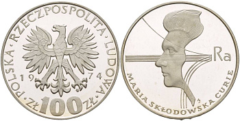 Польша 100 злотых 1974 MW, 40 лет со дня смерти Марии Склодовской-Кюри (1867-1934) KM 71, Parchimowicz 270 серебро PROOF 1087-7-55