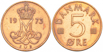 Дания 5 эре 1973 S; B, Маргрете II (1972- ) KM 859.1 железо плакированное медью 4547-1017