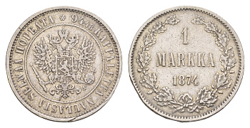 Россия Для Финляндии 1 марка 1874 S, Александр II (1854-1881) Биткин 631 серебро 1520-811