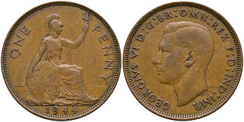 Великобритания 1 пенни 1944 Георг VI (1936-1952) КМ 845, Spink 4114 бронза 115-414