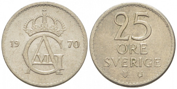 Швеция 25 эре 1970 U Густав VI Адольф (1950-1973) KM 836 медно-никель 3955-364