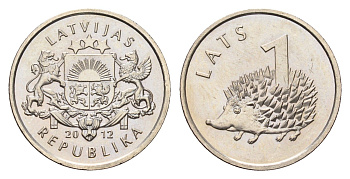 Латвия 1 лат 2012 Ежик KM 135 медно-никель UNC 4679-367