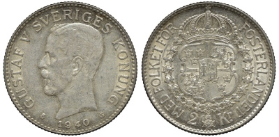 Швеция 2 кроны 1940 G, Густав V (1907-1950) KM 787 серебро 00-00