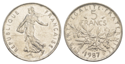 Франция 5 франков 1987 сеятель KM 926a медно-никель плакированный никелем 4385-921