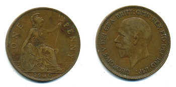 Великобритания 1 пенни 1930 Георг V (1910-1936) КМ 838, Spink 4055 бронза 41-1111