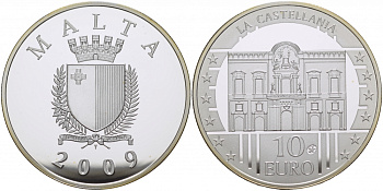 Мальта 10 евро 2009 серия культурное наследие, дворец Кастеллания KM 133 серебро PROOF 11-085-42