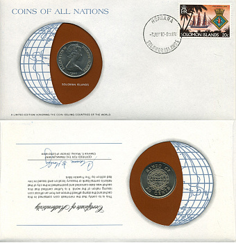 СОЛОМОНОВЫ ОСТРОВА 20 ЦЕНТОВ 1977 КОНВЕРТ С МАРКОЙ ПЕРВОГО ДНЯ ГАШЕНИЯ, COINS OF NATIONS KM 5 медно-никель UNC 4294-59-3