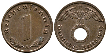 Германия 1 рейхспфенниг 1939 A KM 89, J. 361 бронза    220-344