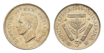 ЮАР 3 пенса 1945 KM 26 серебро UNC 4596-347