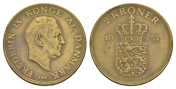 Дания 2 кроны 1952 N, Фредерик IX (1947-1972) KM 838 алюминиевая бронза 4653-1142