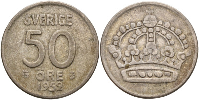 Швеция 50 эре 1952 TS, Густав VI Адольф (1950-1973) KM 825 серебро 4148-916