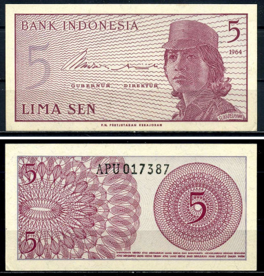 Индонезия 5 сенов 1964 девушка волонтер Pick 91 a  бумагаа аUNC 6299-1-1-2