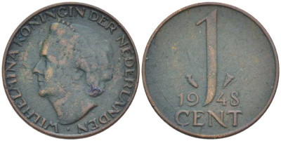 НИДЕРЛАНДЫ 1 ЦЕНТ 1948 ВИЛЬГЕЛЬМИНА (1890-1948) KM 107 бронза 214-1019
