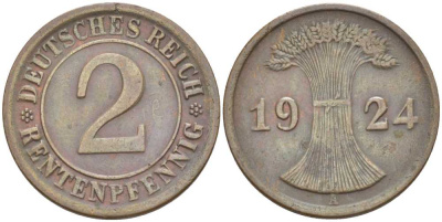 ГЕРМАНИЯ 2 РЕНТЕНПФЕННИГА 1924 A KM 31, J. 307 бронза 206-1161