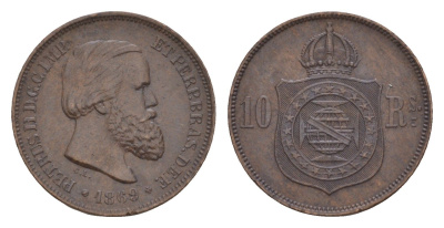 Бразилия 10 реалов (рейсов) 1869 Брюссель, Педро II (1831-1889) KM 473 бронза 1519-1412